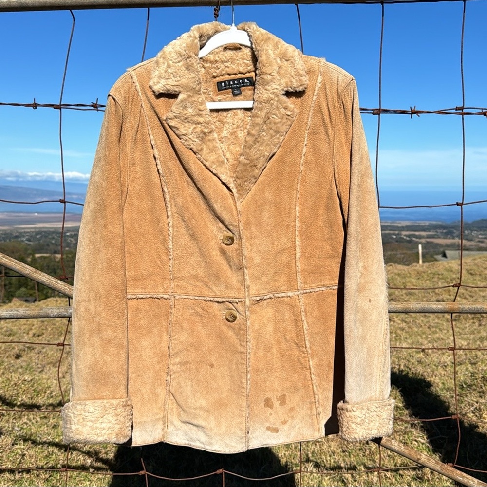 Giacca Suede Leather Jacket Large‎ Tan Faux Fur Trim Western Boho Penny Lane